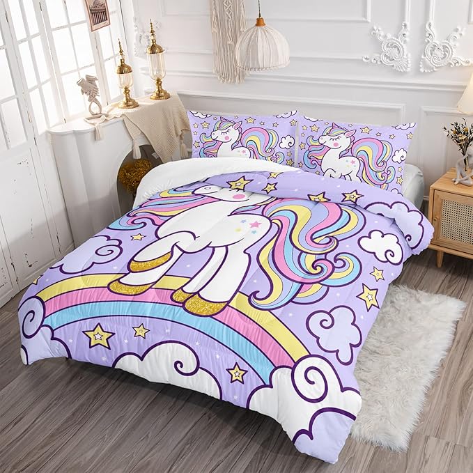 Axolotl Rainbow Unicorn Bedding Set Full,Purple Unicorn Kids Comforter Sets with Stars Cloud for Girls,1 Quilt with 2 Pillowcases for Girls Kids Teens Children Adults Bedroom Decor All Season