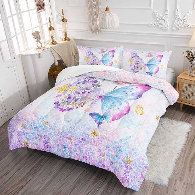 Axolotl Butterfly Bedding Queen,Rainbow Butterfly Comforter Set for Girls Teens,Butterfly Bedding for Girls with Golden Star Scales Pattern,Butterfly Printed Quilt Set with 1 Comforter 2 Pillowcases