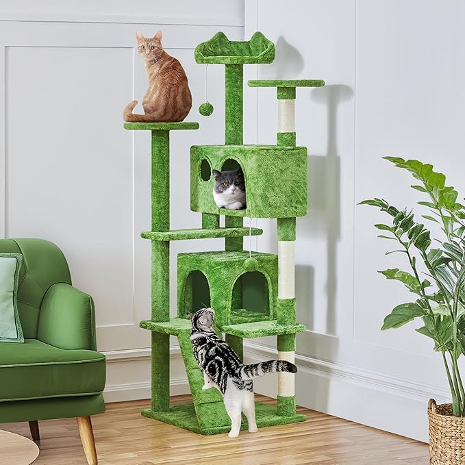 Yaheetech 62in Cat Tree Cat Tower for Indoor Cats, Cat Furniture w/Double Cat Condo, Scratching Posts, Multiple Platforms and Balls for Kittens & Cats, Green