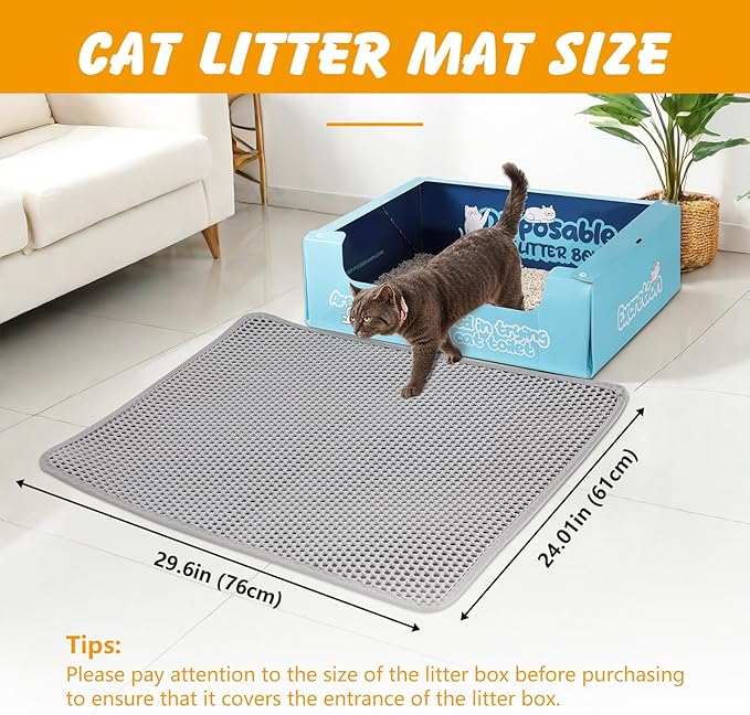 30x24 Inch Cat Litter Mat Double Layer Non-Slip Odor-Free Litter Box Mat,Waterproof and Urine Proof Litter Mat,Scatter Control, Less Waste,Easier to Clean(Gray)