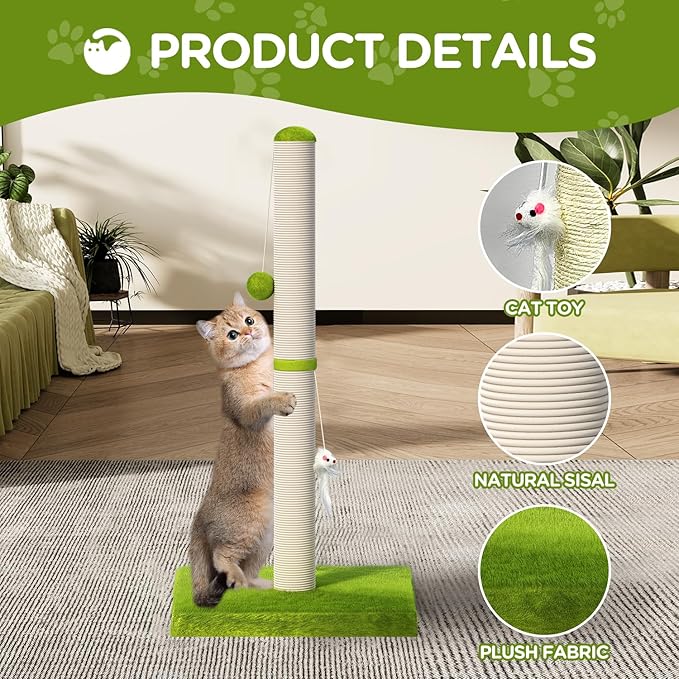MeowHomm 32” Tall Cat Scratching Posts for Indoor Cats Adults with 2 Hanging Ball, Large Cat Scratch Post Cat Scratcher Includes Sisal Rope