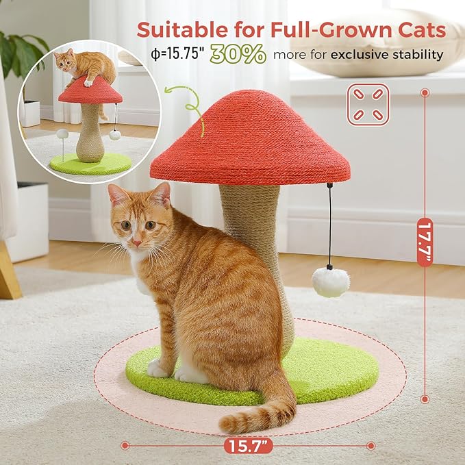 PETEPELA Mushroom Cat Scratching Post, Cat Scratcher Cute with 100% Sisal Covered Scratching Post & Pompoms Cat Toy, Mushroom Cat Post for Indoor Cats