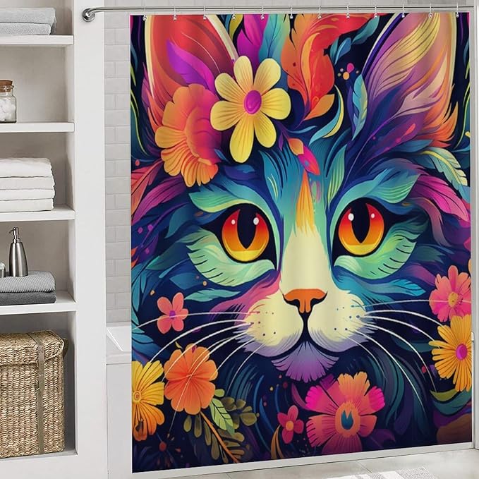 4 Pieces Colorful Abstract Cat Shower Curtain Set Funny Flower Animals Glam Bathroom Decor Sets with Rugs Bathroom Accessories Set Bathroom Curtain Shower Set with 12 Hooks
