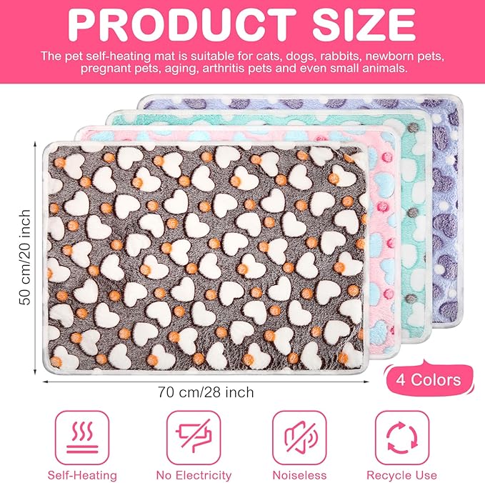 4 Pack Self Heating Cat Bed Cat Self Warming Pad with Removable Cover Extra Warm Thermal Pet Pad Washable Pet Crate Mat Anti Slip Kennel Pad for Indoor Outdoor Pets (Heart,20 x 28 Inches)