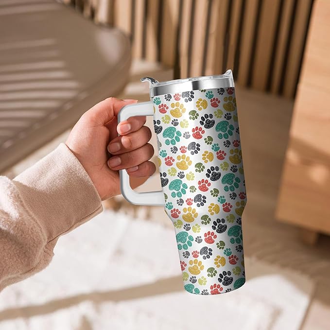 40 Oz Paw Print Tumbler With Handle and Straw, Double Wall Stainless Steel Cup, Insulated Coffee Mug for Cat Mom or Dad, Leak Proof Insulated Mug for Women Gifts