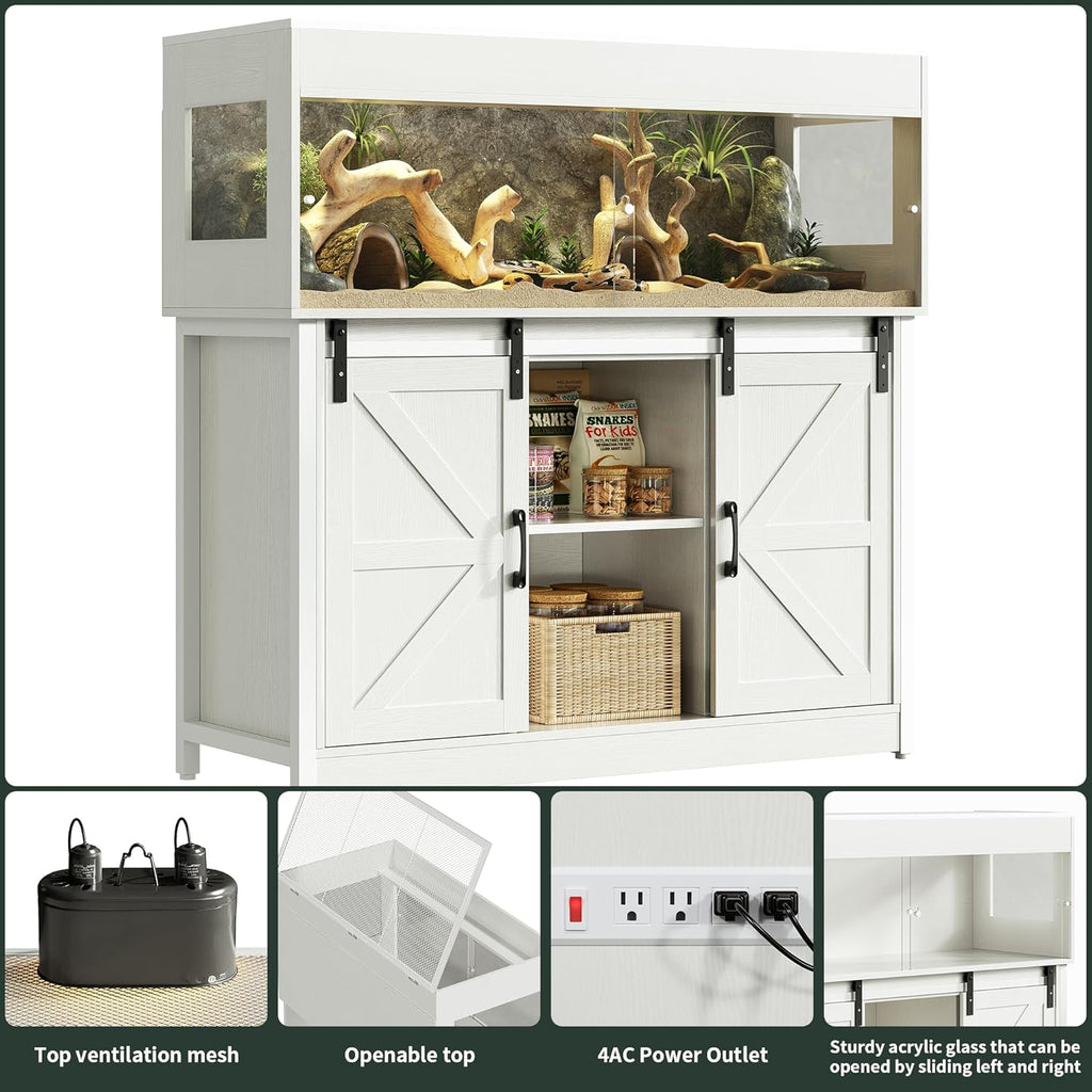 60 Gallon Reptile Terrarium with Stand, Terrarium Enclosure with Acrylic Doors, Storage Cabinet with Barn Door, Mesh Lid & Power Outlet – Vivarium Habitat for Medium Reptiles White PX05RTW