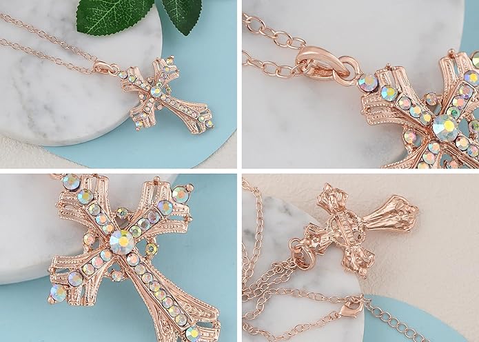 Alilang Silvery Tone Religious Cross Pendant Necklace w/Aquamarine Blue Or Clear Crystal Rhinestones