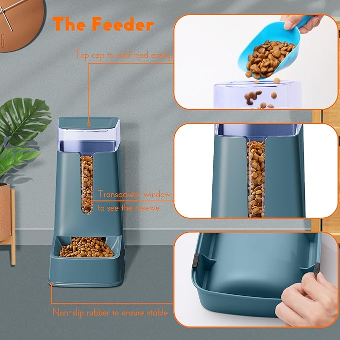 2 Packs Automatic Cat Feeder and Waterer, Gravity Dog Food and Water Dispenser Set for Small Medium Big Pets Cats Dogs Puppy Kitten, 1 Gallon x 2