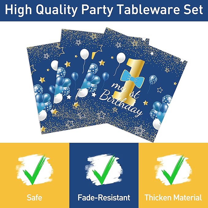 96 Pcs Blue Party Plates and Napkins Decorations Tableware Set Supplies Disposable Paper Dessert Birthday Table Dinnerware Favors Set, Serves 24 Guests