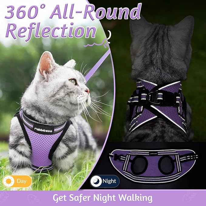 rabbitgoo Cat Harness and Leash Set for Walking Escape Proof, Adjustable Soft Kittens Vest with Reflective Strip for Cats, Comfortable Outdoor Vest, Light Purple, M