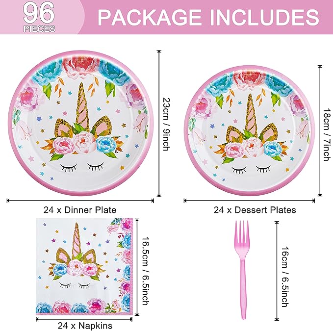 96 Pcs Birthday Party Plates Napkins Forks Supplies Tableware Set Disposable Table Horned Horse Theme Decoration for Girl Birthday Party or Baby Shower, Serves 24 Guests