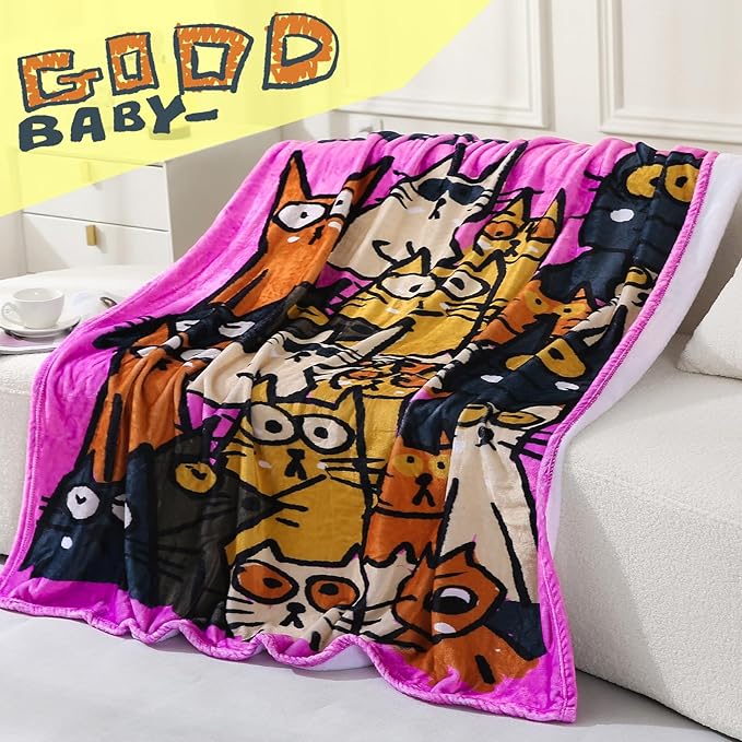 2025 Best Gift Cat Original Designer Throw Blanket, Warm Soft Cute Cat Lover Gifts for Women, Cat Mom Gifts for Cat Lovers, Funny Cat Themed Gifts Blanket for Kids, Birthday Christmas, Purple