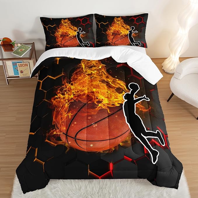 Basketball Bedding Queen Size,Black Honeycomb Background Comforter Flame Basketball Print Bedding Set for Boys Girls Bedroom Decor,Slam Dunk Sports Themed Sets Comforter with 2 Pillowcases.