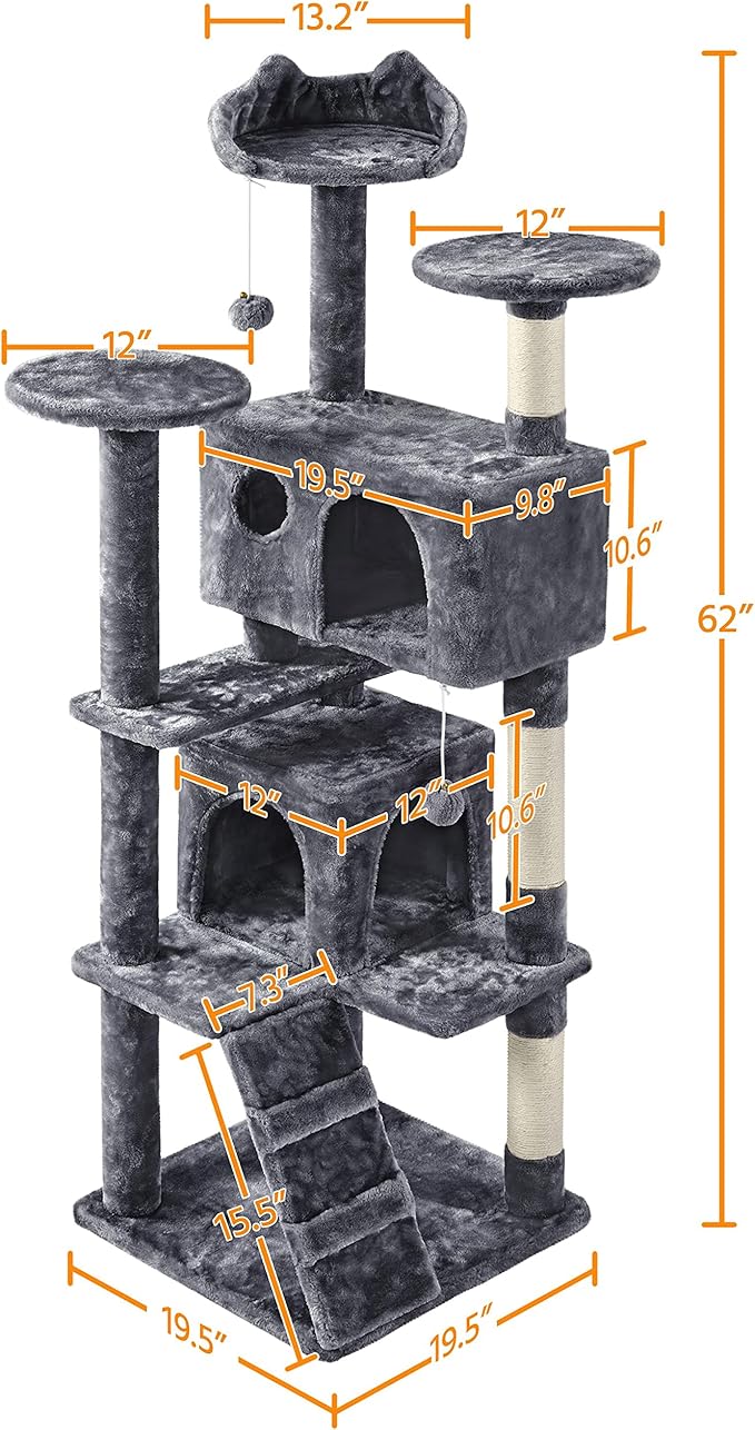 Yaheetech 62in Cat Tree Cat Tower for Indoor Cats, Cat Furniture w/Double Cat Condo, Scratching Posts, Multiple Platforms and Balls for Kittens & Cats, Dark Gray