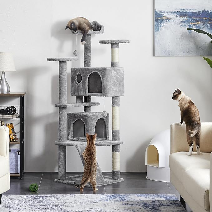 Yaheetech 62in Cat Tree Cat Tower for Indoor Cats, Cat Furniture w/Double Cat Condo, Scratching Posts, Multiple Platforms and Balls for Kittens & Cats, Light Gray