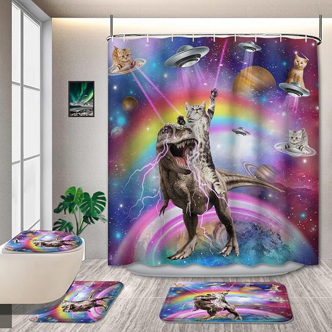 4 Pcs Cosmic Cat Shower Curtain Sets, Funny Space-Themed Bathroom Decor with UFO Cats Rainbows and Lightning T-Rex, Includes Toilet Cover and Rugs, Colorful Galaxy Bath Accessories, 72''x 72''