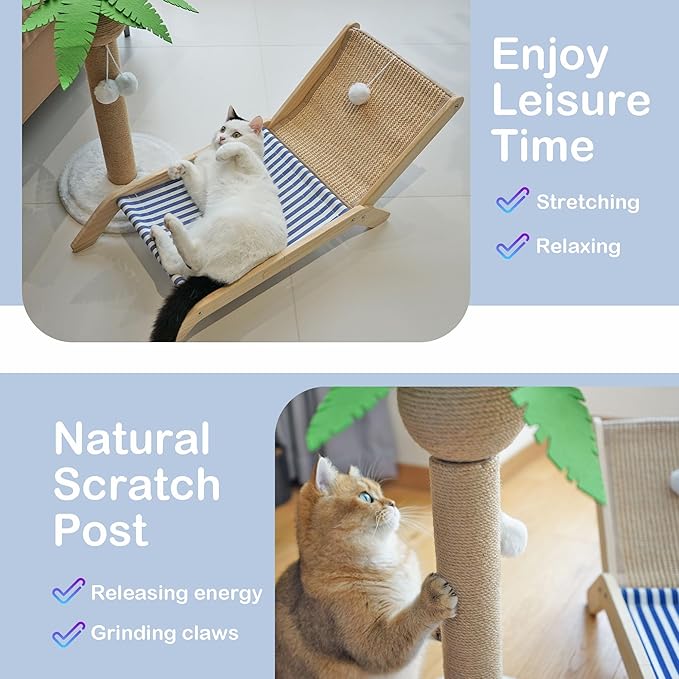 Cat Hammock with Coconut Palm Tree Scratching Post, Aberatail Cozy Beach Chair Elevated Cat Beds, Sisal Cat Tree Scratching Post for Indoor Cats (Post & Hammock)