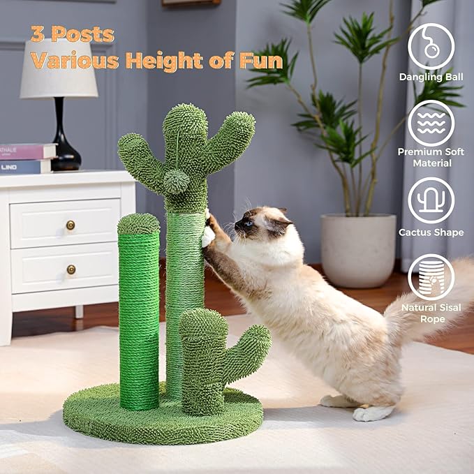 PAWZ Road Cat Scratching Post Cactus Cat Scratcher with 3 Scratching Poles and Dangling Ball Large 27 Inches