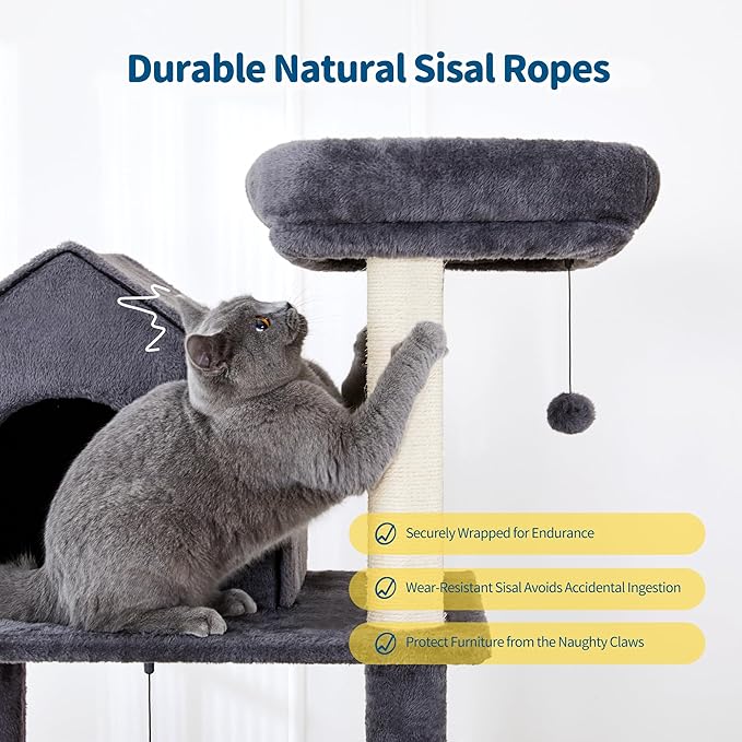 Made4Pets 60 inch Cat Tower for Indoor Cats, Multi-Level Cat Tree with Plush Hammock, Cozy Cat House, Scratching Posts, Top Perch, and 2 Hanging Balls