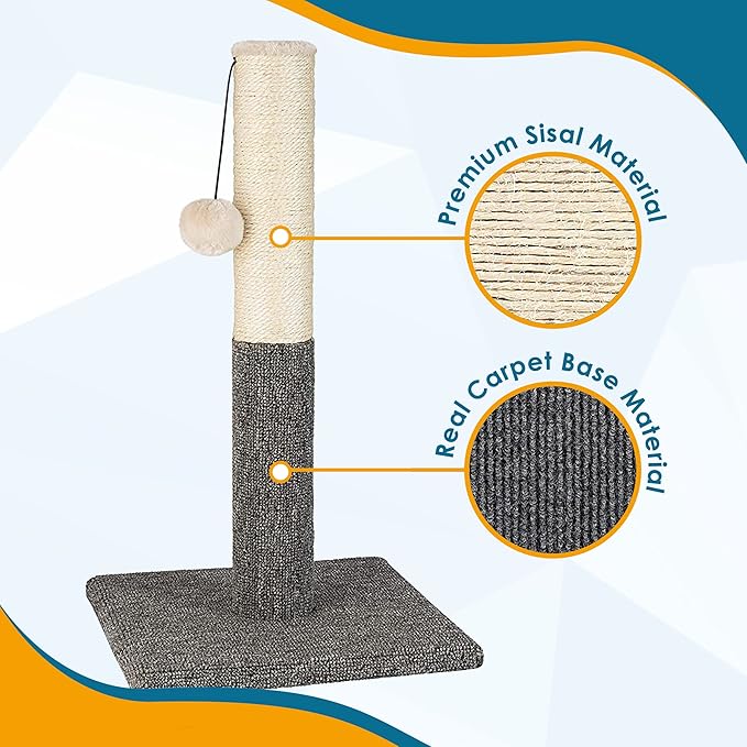 PAWBEE 20" Tall Cat Scratching Post for Indoor Cats - Durable Sisal Rope Scratcher Pole with Playful Hanging Ball - Ideal Cat Tower Alternative for Kittens and Large Cats - Sturdy Cat Scratchers