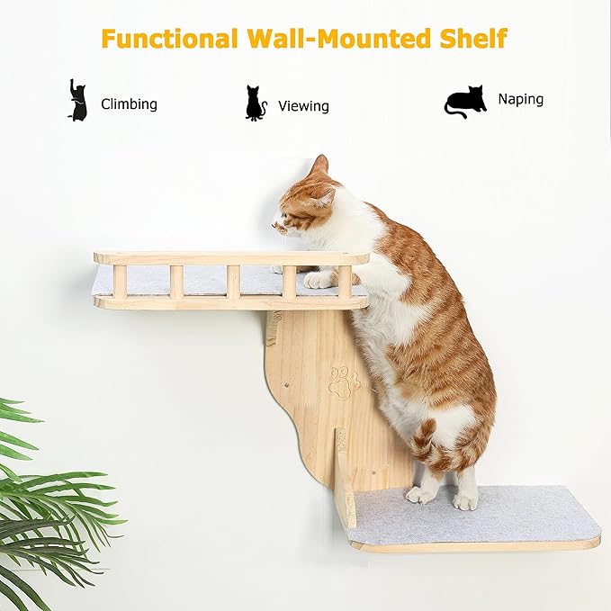 Wall Mounted Cat Shelves for Inside,2-Levels Wall Perch with Scratching Mat,Solid Pine Wood Floating Furniture for Climb,Lounge and Sleep (Left)