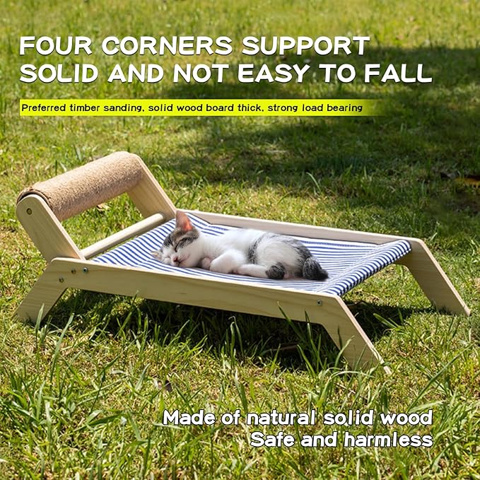 Beach Chair Cat Hammock with Scratch-Roller, Natural Solid Wood Elevated Cat Beds for Indoor Cats, Cozy Cat Lounge, XL-Wooden Beach-Sling-Chair for Kittens and Large Adult Cats, 23.6”×11.8”×7.9”