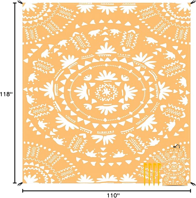 110''×118'' Extra Large Sandproof Beach Blanket 4-8 Adults, Waterproof Foldable Picnic Blankets with 4 Stakes & 4 Pockets, Lightweight Boho Outdoor Beach Mat for Travel, Camping, Hiking