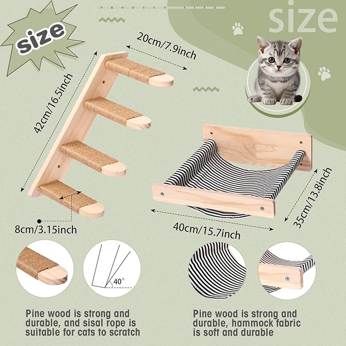 Kisston 4 Pcs Cat Wall Shelves Stairs Hammock Set Wooden Cat Wall Furniture Cat Climbing Shelves with 4 Steps Cat Stairway with Sisal Rope Scratching Hammock Mounted Cat Bed for Sleeping, Playing
