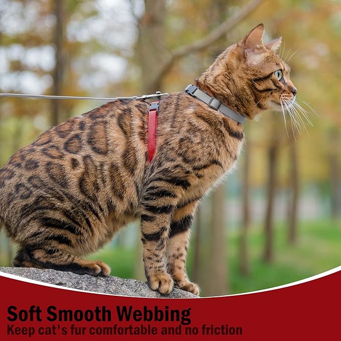 PUPTECK Adjustable Cat Harness and Leash Set Escape Proof Kitten Strap Collar for Walking Travel, Grey/Red Mixed