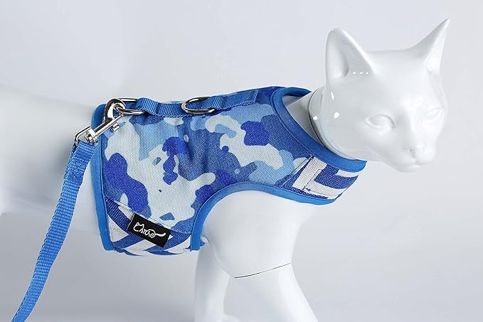 Cat Harness and Leash for Walking Escape Proof, Adjustable Cat Vest Harness, Padded Stylish Cat Walking Jackets, Blue Camo, X-Small