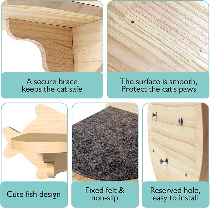kathson 6 Pcs Cat Shelves for Wall Cat Wall Mounted Shelves Cat Wall Steps Wood Cat Climbing Shelves Cat Stairs with Non Slip Felt Cat Ladder Cat Wall Furniture for Springboard Playing (Fish Shape)