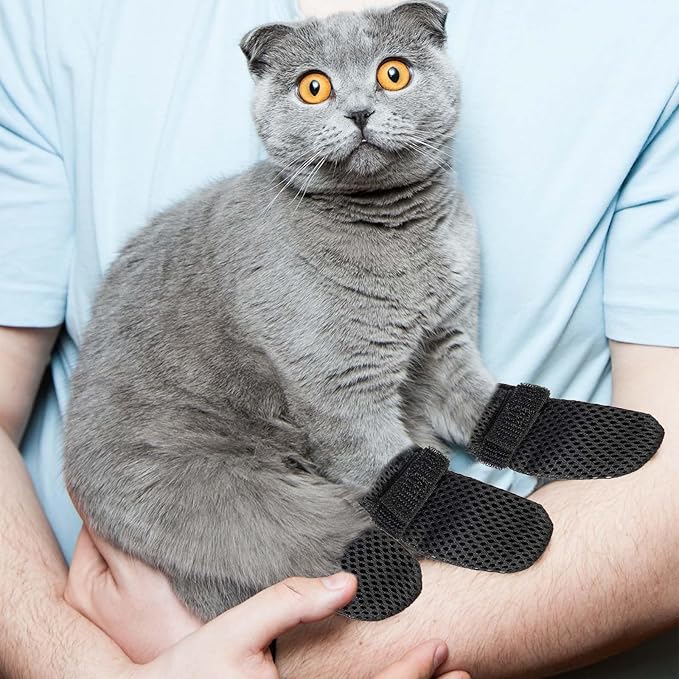 4pcs Anti Scratch Cat Mittens, Adjustable Mesh Cat Foot Covers, Breathable Cats Paw Covers Cat Nail Gloves Cat Paw Protector Cat Booties for Pet Bathing, Cutting Nails, Checking (XL, Black)