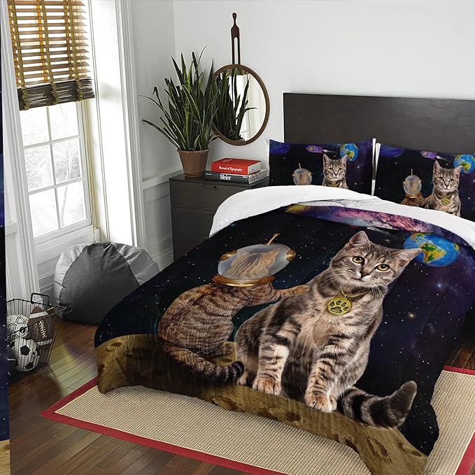 AILONEN Beige Cat Bedding Set Full Size with Wearing Space Suit Cat Galaxy Planet Comforter Set for Kids Boys Girls,Rocket Starry Soft Breathable Duvet Set 3 Pieces, 1 Quilt and 2 Pillowcases