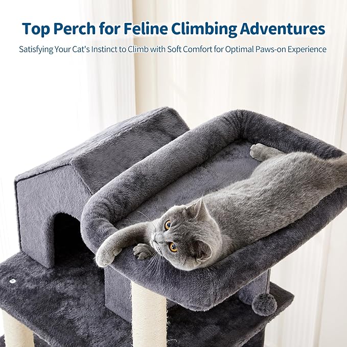 Made4Pets 60 inch Cat Tower for Indoor Cats, Multi-Level Cat Tree with Plush Hammock, Cozy Cat House, Scratching Posts, Top Perch, and 2 Hanging Balls