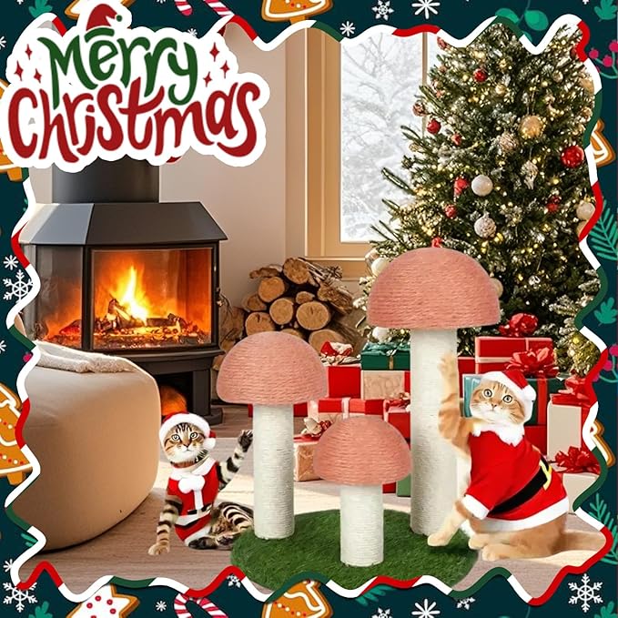 PowerKing Cat Scratching Post, Mushroom Claw Scratching Post for Cat, Natural Sisal Cat Scratchers with 3 Mushroom Pole, Cat Interactive Toys