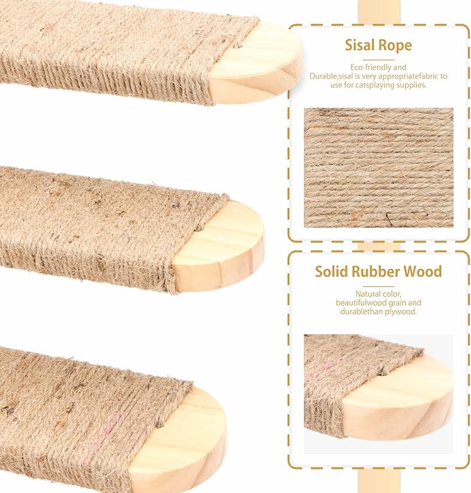 Cat Wall Steps,Cat Climbing Stair Shelf, Four Step Wood Cat Stairway with Jute Rope for Small Kitty Cats Perch Platform Supplies Cats Scratching Post
