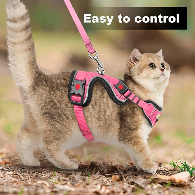 Cat Harness and Leash for Walking, Retractable Cat Harnesses and Leash Set Escape Proof, Breathable Soft Kitten Harness Small Large Cat Harness for Travel Training and Walking, Pink, M