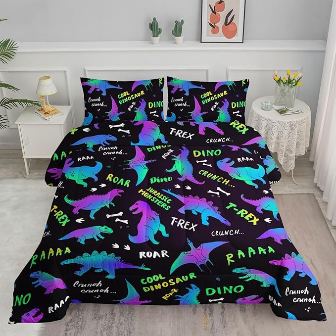 Axolotl Cartoon Dinosaur Bedding Set,Twin Size Kids Bed Set,Gradient Dinosaur Comforter Set,1 Quilt with 2 Pillowcases for Boys Girls Kids Teens Children Adults Room Decor All Season,Black