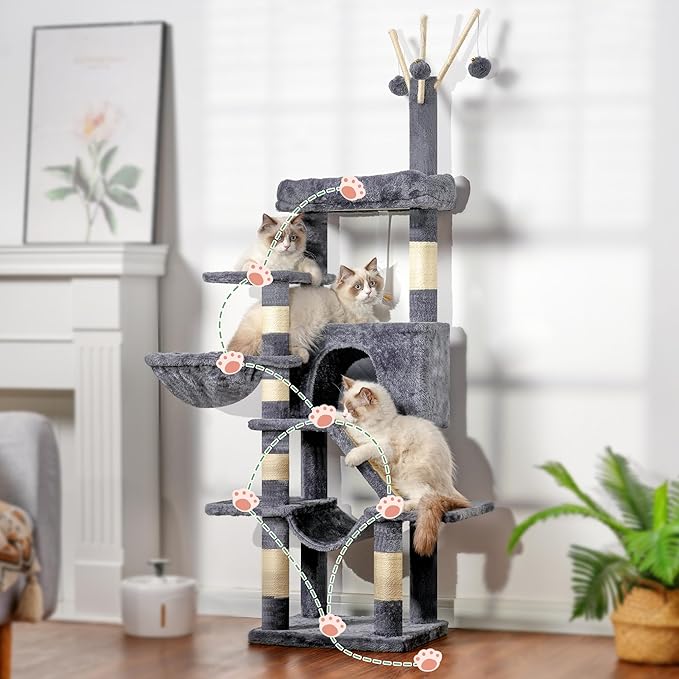 Cat Tree, 63 inch Multi-Level Cat Tower for Indoor Cats, Cat Condo with Cat Scratching Post and Board, Cat Hammock, Smoky Gray GCT011G