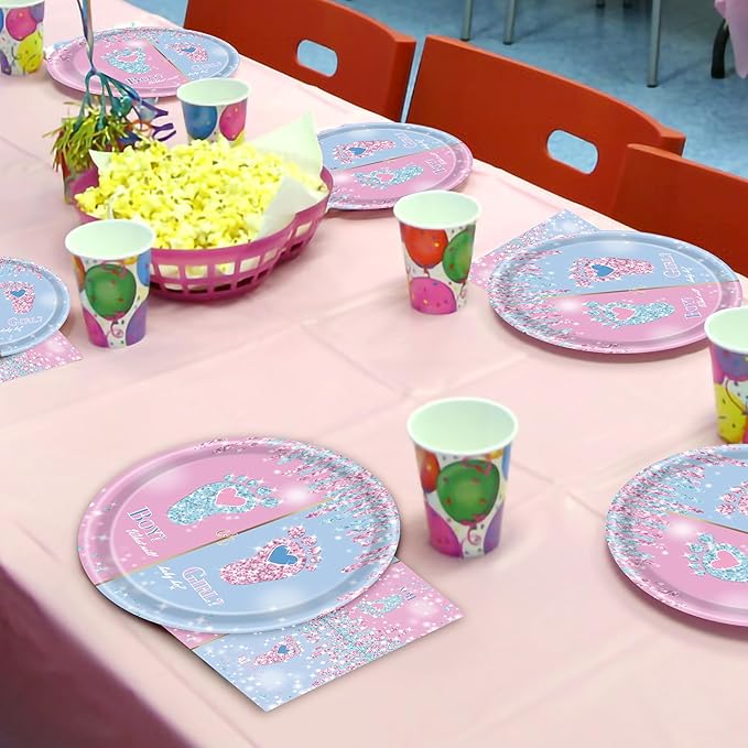 96 Pcs Gender Reveal Party Plates Napkins Forks Decorations Tableware Set Supplies Disposable Paper Boy or Girl Gender Footprint Favors, Serves 24 Guests