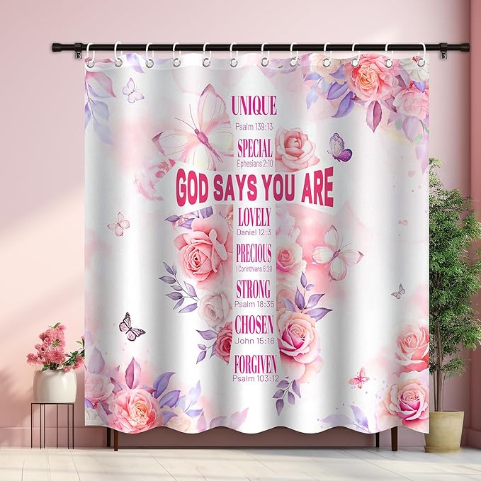 4 Pcs Pink Butterfly Inspirational Quotes Shower Curtain Set with Rugs and Toilet Lid Cover, Waterproof Fabric Bathroom Set for Women Girls, Bible Verse Floral Bathroom Decor with 12 Hooks