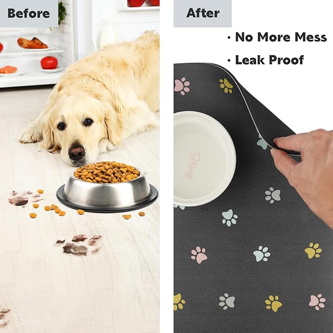 Absorbent Pet Feeding Mat for Food and Water No Stains Quick Dry Mat for Dog Cat Bowl, Dark Paw12x19 Inches