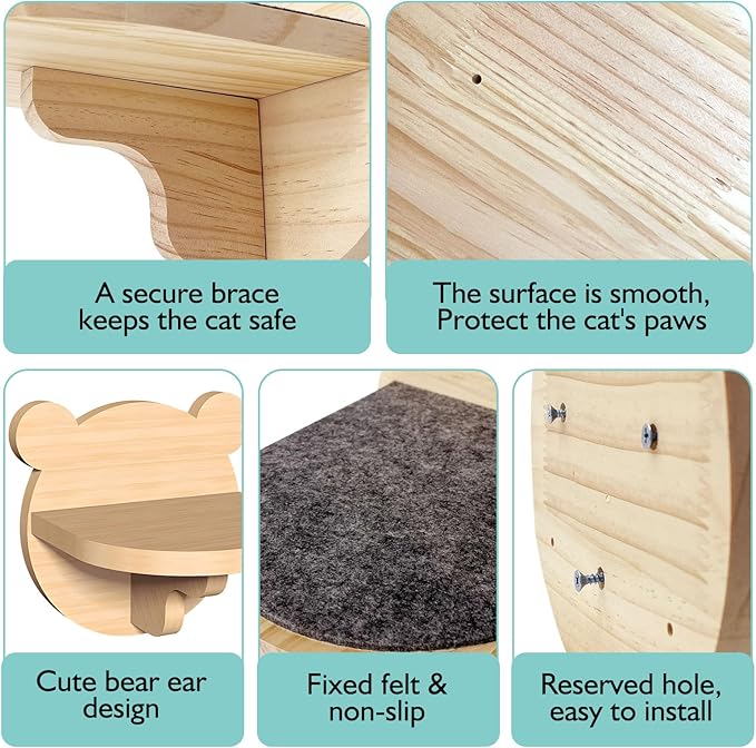 kathson 6 Pcs Cat Shelves for Wall Cat Wall Mounted Shelves Cat Wall Steps Wood Cat Climbing Shelves Cat Stairs with Non Slip Felt Cat Ladder Cat Wall Furniture for Springboard Playing (Bear Shape)