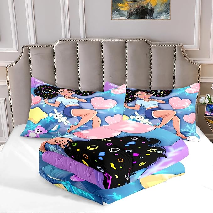 African American Black Comforter Set, Queen Bed Bedding Sets Cute Teenage Bedding Blue Girl with Love Prints Soft Microfiber 3 Piece Queen Size Quilt Set, 1 Comforter + 2 Pillowcases