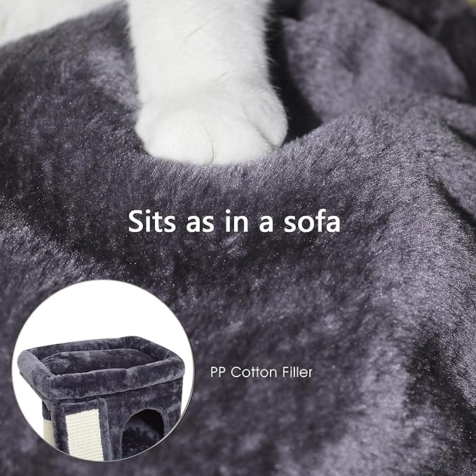 SYANDLVY Small Cat Tree for Indoor Cats Large Adult, Cat Tower with Scratching Post, Modern Cat House with Padded Perch, Kittens Condo with Board, Cat Cave (Smoky Grey)