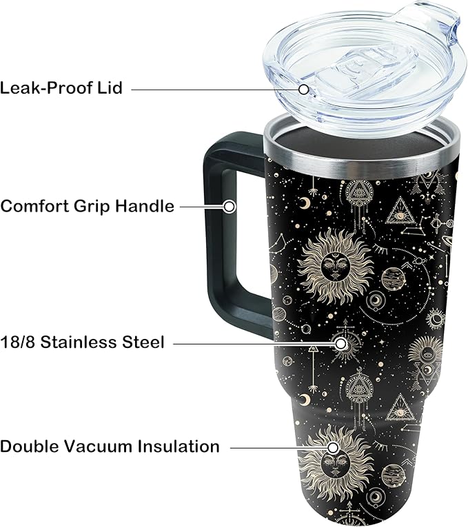 40 oz Tumbler with Handle and Straw, Stainless Steel Insulated Cup with Leak Proof Lid and Straw Lid, Keep Drinks Cold and Hot for Hours(Sun Moon)