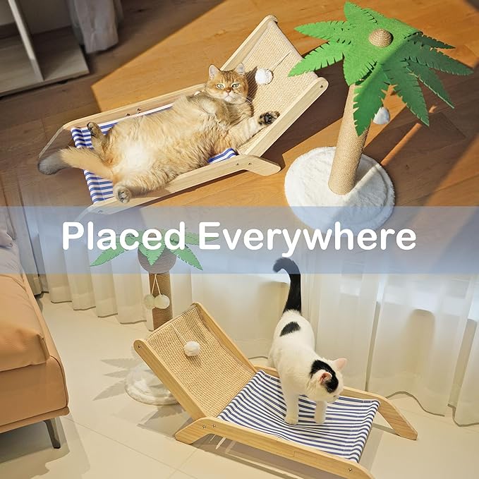 Cat Hammock with Coconut Palm Tree Scratching Post, Aberatail Cozy Beach Chair Elevated Cat Beds, Sisal Cat Tree Scratching Post for Indoor Cats (Post & Hammock)