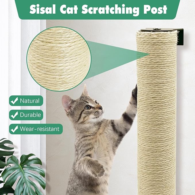 Wall Mounted Scratching Post for Cats 16 Inches Sisal Rope Cat Wall Scratcher Posts 2 Pack of Wall Mount Cat Furniture for Indoor Kittty to Scratch and Climbing with Feather Toys