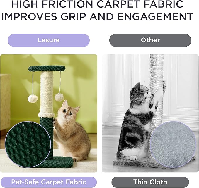 Lesure Cat Scratching Post for Indoor Cats - Highly Resistant Carpet Scratch Posts, Premium Sisal Rope Scratch Posts for Kittens, Sturdy Small Cat Scratch Pole with Hanging Ball, Green(22.5 inch)