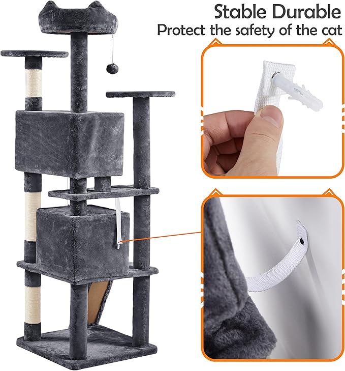 Yaheetech 62in Cat Tree Cat Tower for Indoor Cats, Cat Furniture w/Double Cat Condo, Scratching Posts, Multiple Platforms and Balls for Kittens & Cats, Dark Gray